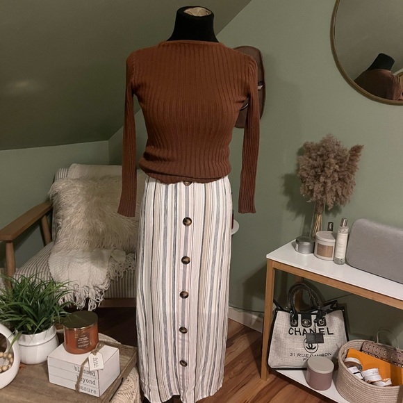 Striped Button-Down Maxi Skirt - Brown and Cream paired with Small Brown sweater - Picture 1 of 3